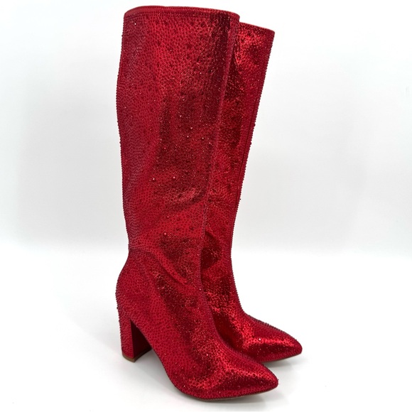 Top Moda Women's Red Rhinestone Knee-High Block Heel Boots Size 6.5 - Picture 1 of 11
